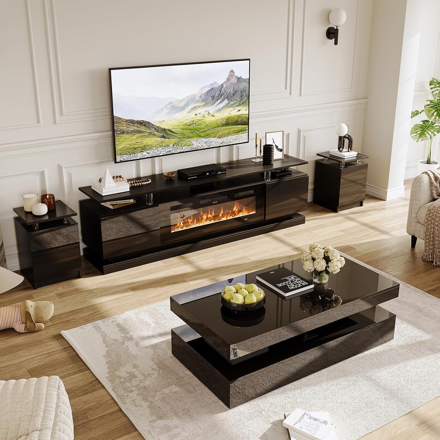 4-Piece Modern Living Room Table Set, Includes High Gloss 70' Fireplace TV Stand, 47' LED Coffee Table and 15' End Tables Set of 2 with Storage Drawers, Black