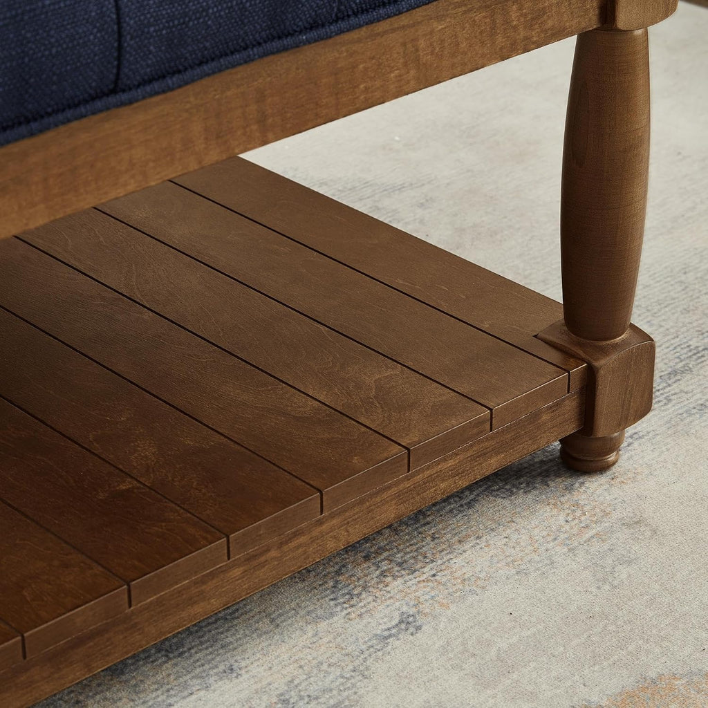 GDFStudio Large Square Upholstered Tufted Linen Ottoman Coffee Table with Solid Wood Frame and Open Storage Shelf, Nailhead Trim Accent Footrest for Living Room, Navy Blue