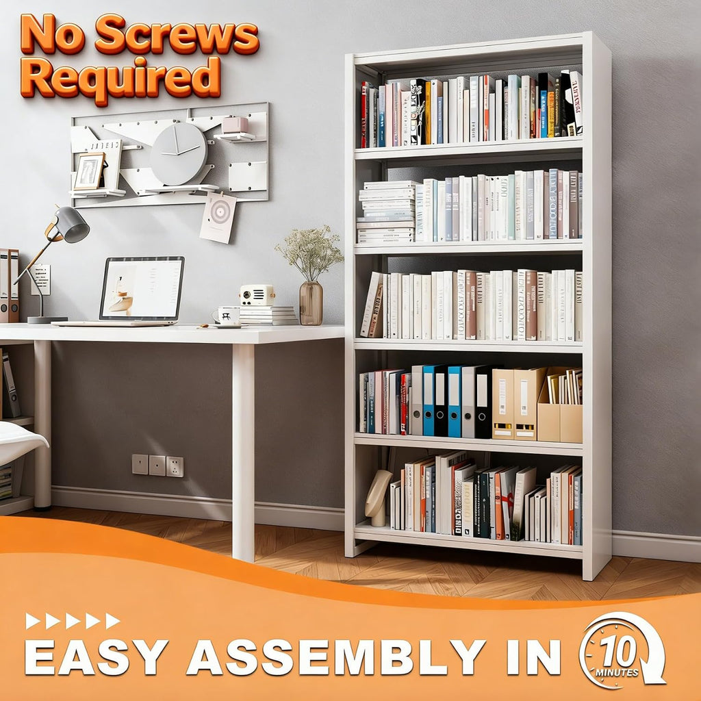 VASAAOSD 5 Tier Book Shelf, 69.3' Tall White Bookshelves, Open Metal Bookshelf, Toolless Assembly White Shelves for Home Office, Living Room, Study