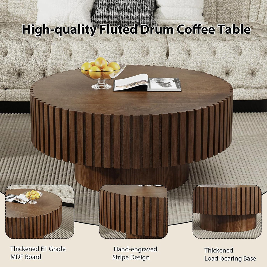 Round Fluted Coffee Table Mid Century Modern Coffee Tables with Handcrafted Relief Circle Drum End Table Rustic Industrial Center Tables for Apartment Living Room (Brown Round)