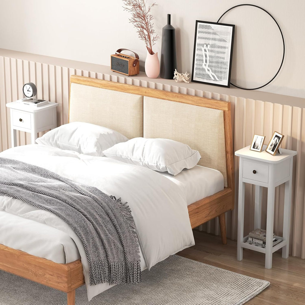 BECOMFORT Wooden End Table, Acacia Wood Bedside Table w/Shelf & Handy Drawer, Narrow Nightstand for Small Spaces in Living Room & Bedroom, No Assembly Required, 13.5' x 11.5' x 31.5' (2, White)