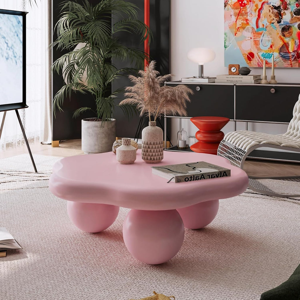 35.03' Cloud Coffee Table for Living Room Unique Coffee Table Modern Low Coffee Tables Cute Center Table with 3 Ball Legs for Small Space Apartment Cream Flower-Pink