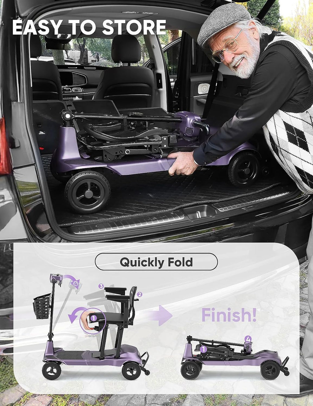 Mobility Scooters for Adults & Seniors - Ultra Lightweight 27.5 lbs Carbon Fiber Folding Electric Scooter - Airlines Approved All-Terrain Portable Scooter with Basket and Charger Included-Purple