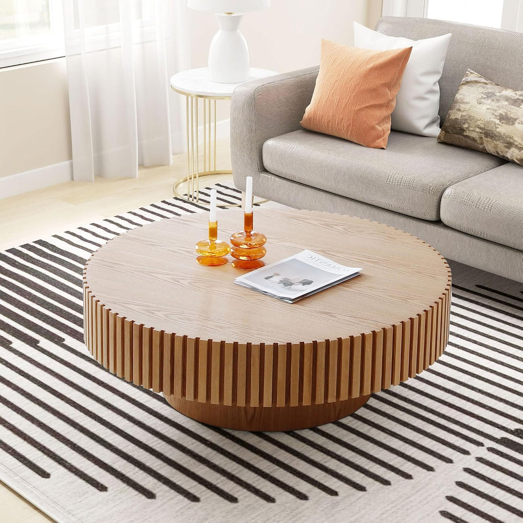 JUSTONE 39.4' Round Wood Coffee Table for Living Room - Modern Farmhouse Oak Drum Center Table with Artisanal Carved Detailing, No Assembly(39.4' Diameter x 13.4' Height)