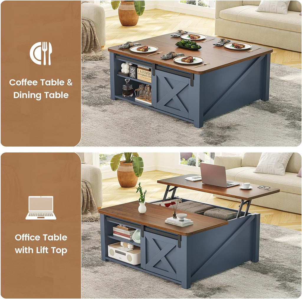 SEDETA 31.5' Lift Top Coffee Table with Storage, Square Coffee Tables for Living Room, Farmhouse Coffee Table with Large Hidden Storage Compartment and Adjustable Shelves, Blue