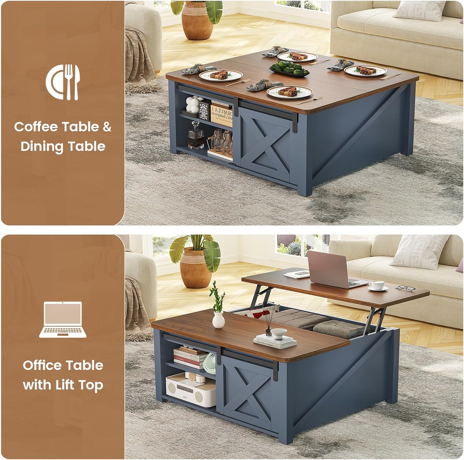 SEDETA 31.5' Lift Top Coffee Table with Storage, Square Coffee Tables for Living Room, Farmhouse Coffee Table with Large Hidden Storage Compartment and Adjustable Shelves, Blue