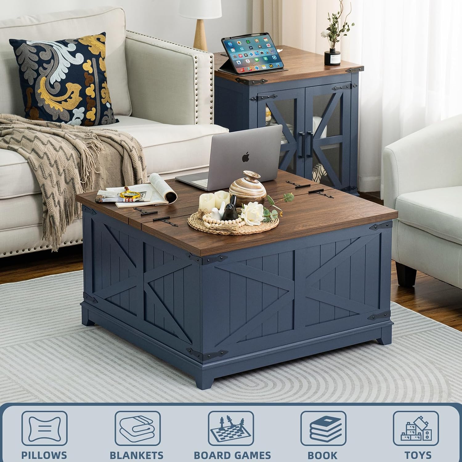 Joaxswe Farmhouse Coffee Table Set of 3, Narrow NightStands with Glass Barn Door Storage, Large Coffee Tables with Hidden Storage Organizer, Furniture Sets for Office, Living Room, Blue