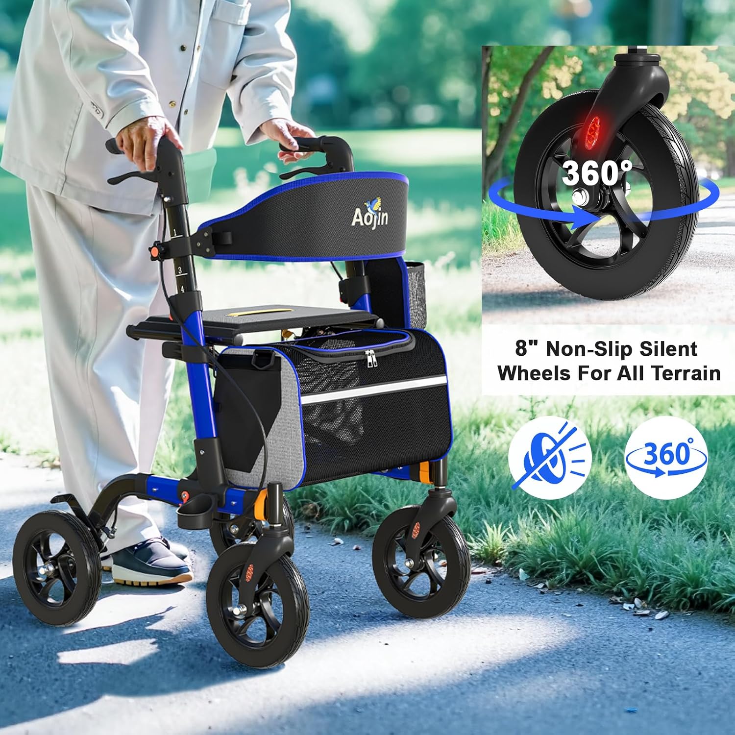 Walkers for Seniors, Rollator Walker with Seat, 350 lb Weight Capacity, 18' Big Seat, 8' All-Terrain Wheels, 6-Level Adjustable Height, Lightweight Aluminum Frame Rollator Walkers for Seniors (Blue)