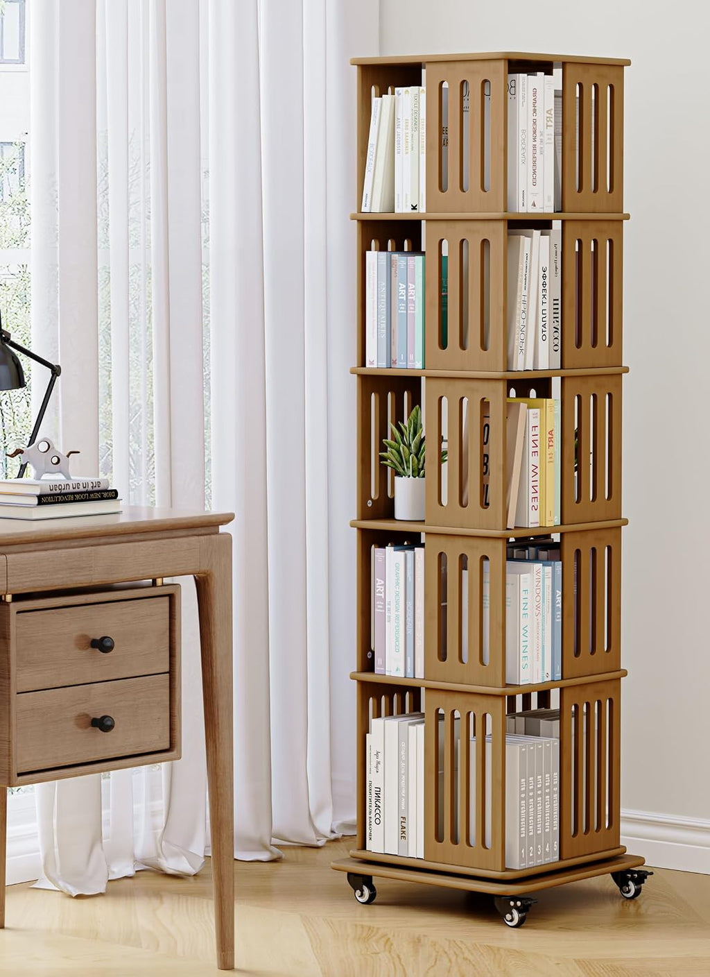 Baoz 60' Tall Rotating Bookshelf Tower, 5 Tier Walnut Spinning Bookcase | 360° Square Bamboo Revolving Book Shelf with 4 Wheels, Wood Narrow Book Case for Small Spaces, Floor Standing for Office