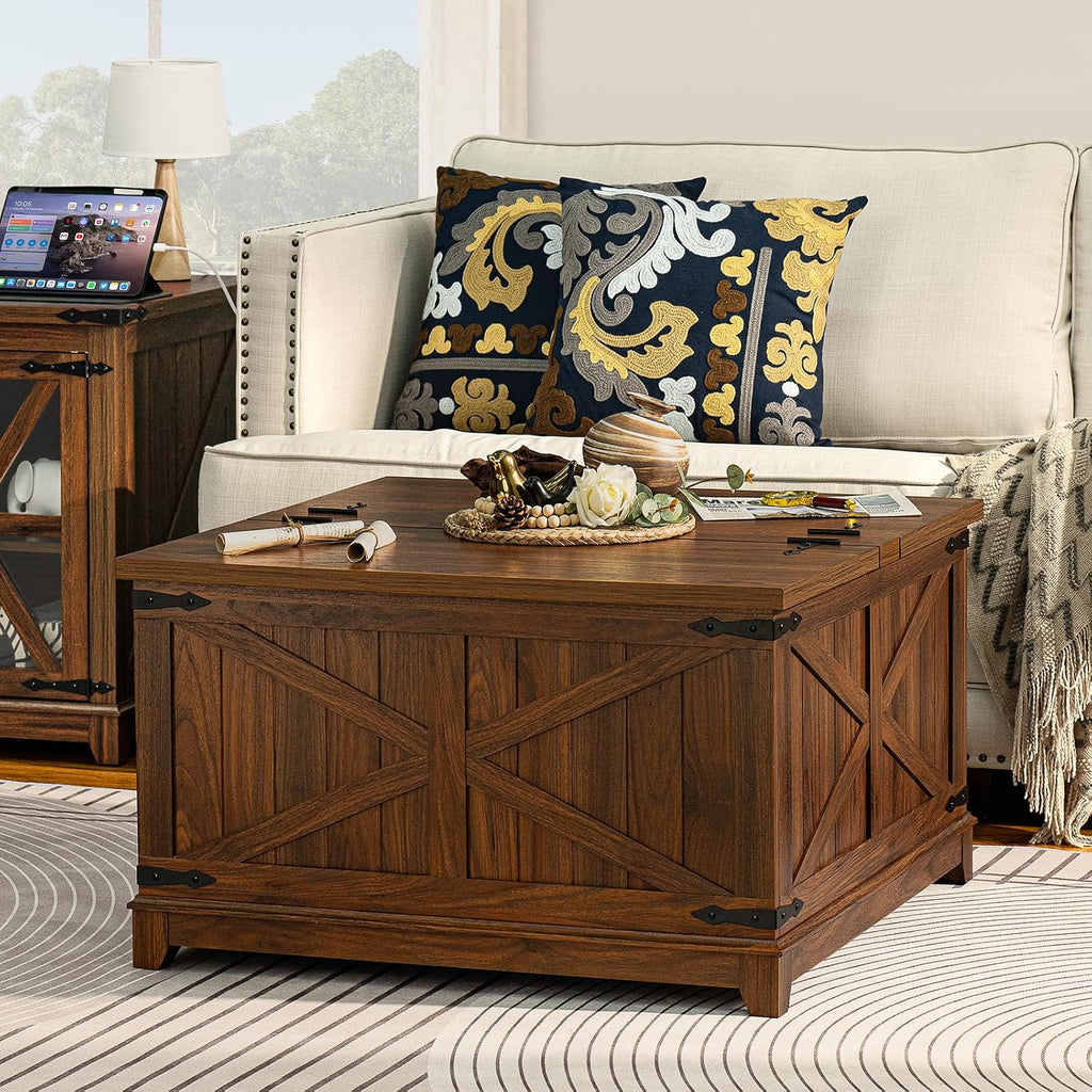 Joaxswe Farmhouse Coffee Table Sets 2 Pieces, Narrow Night Stand with Glass Barn Door Storage, Large Coffee Tables with Hidden Storage Organizer, Wood Furniture Sets for Living Room, Office, Brown