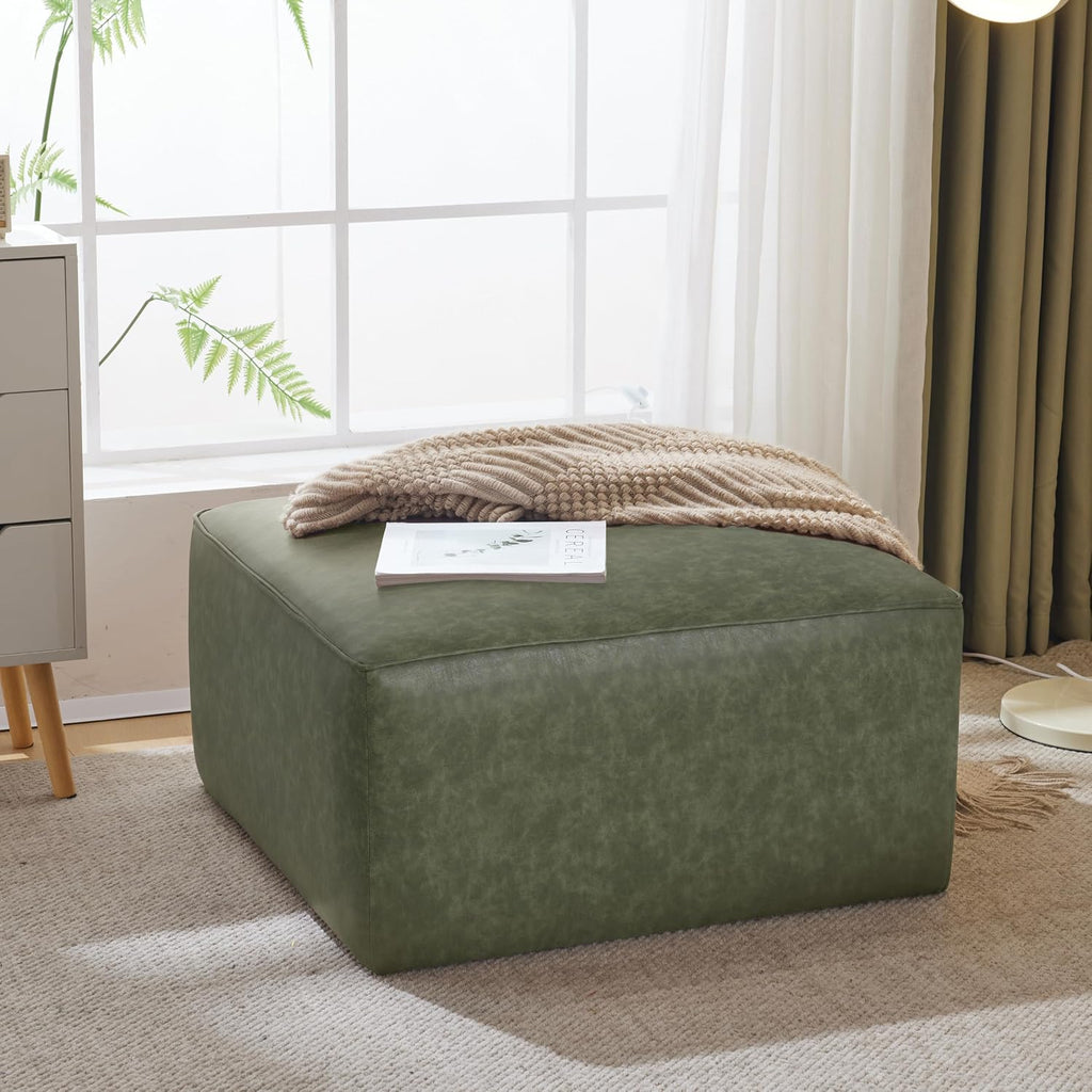 Christopher Knight Home Ellis Faux Leather Ottoman Footstool, Square Pouf Poufee Footrest Ottoman Large Seat, Modern Side Table for Living Room Bedroom Home Decor Gifts, Green