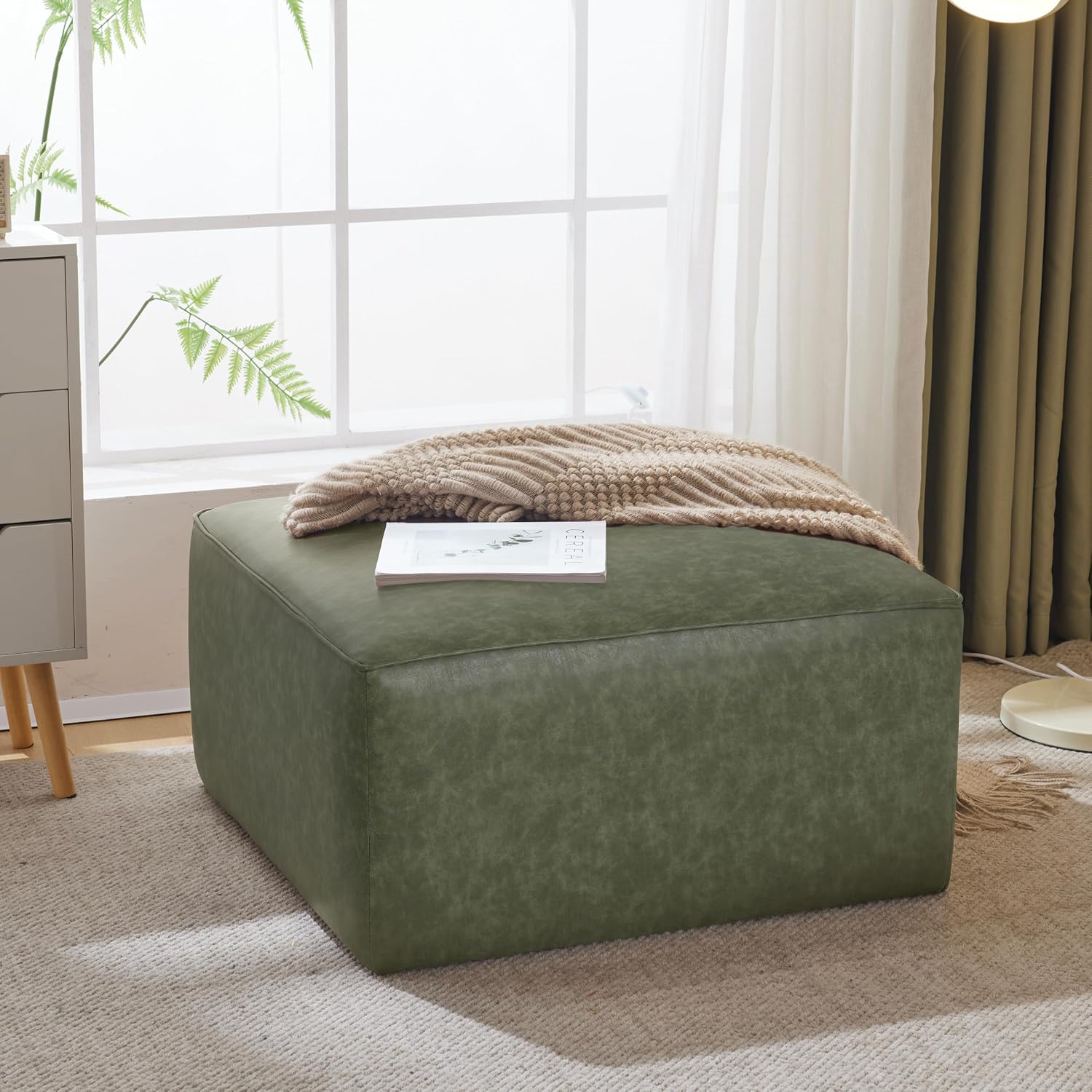 Christopher Knight Home Ellis Faux Leather Ottoman Footstool, Square Pouf Poufee Footrest Ottoman Large Seat, Modern Side Table for Living Room Bedroom Home Decor Gifts, Green