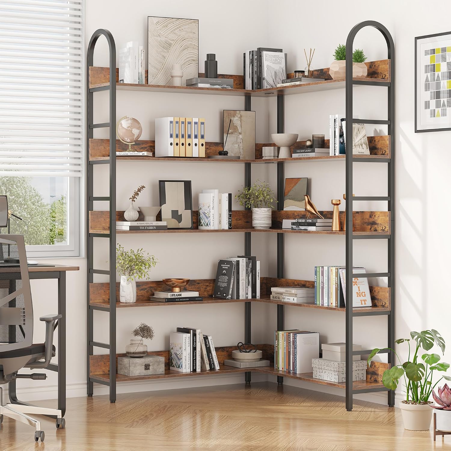 5 Tiers Tall Corner Bookshelf, Large Heavy Duty Industrial Corner Bookcase with Metal Frame, L Shaped Bookshelves and Bookcases Etagere Bookcase Display Storage Shelves for Living Room, Brown
