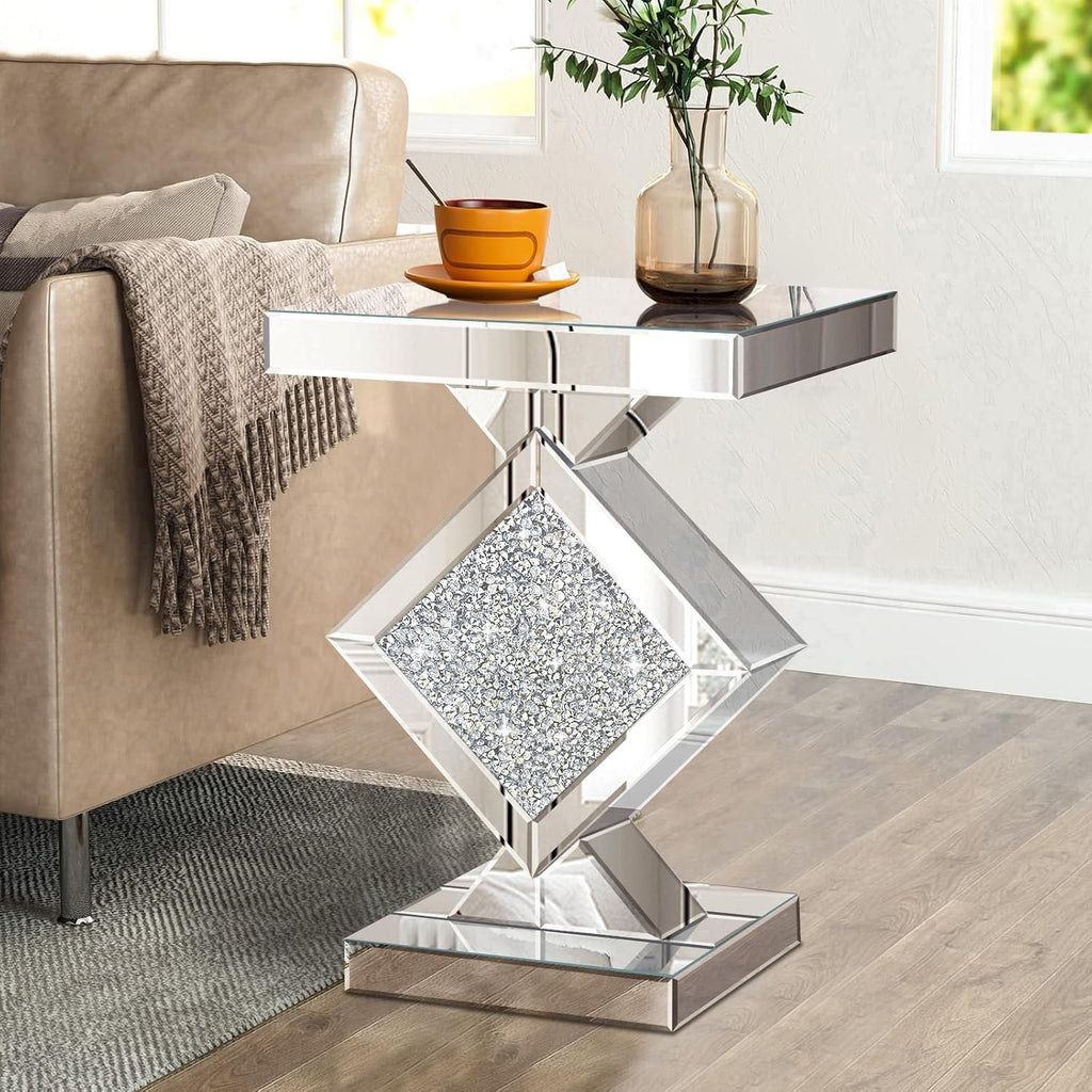 Crushed Diamond Mirrored End Table, Silver Side Accent Table, Small Mirrored Coffee Table for Living Room, Bedroom, 16'x16'x24'