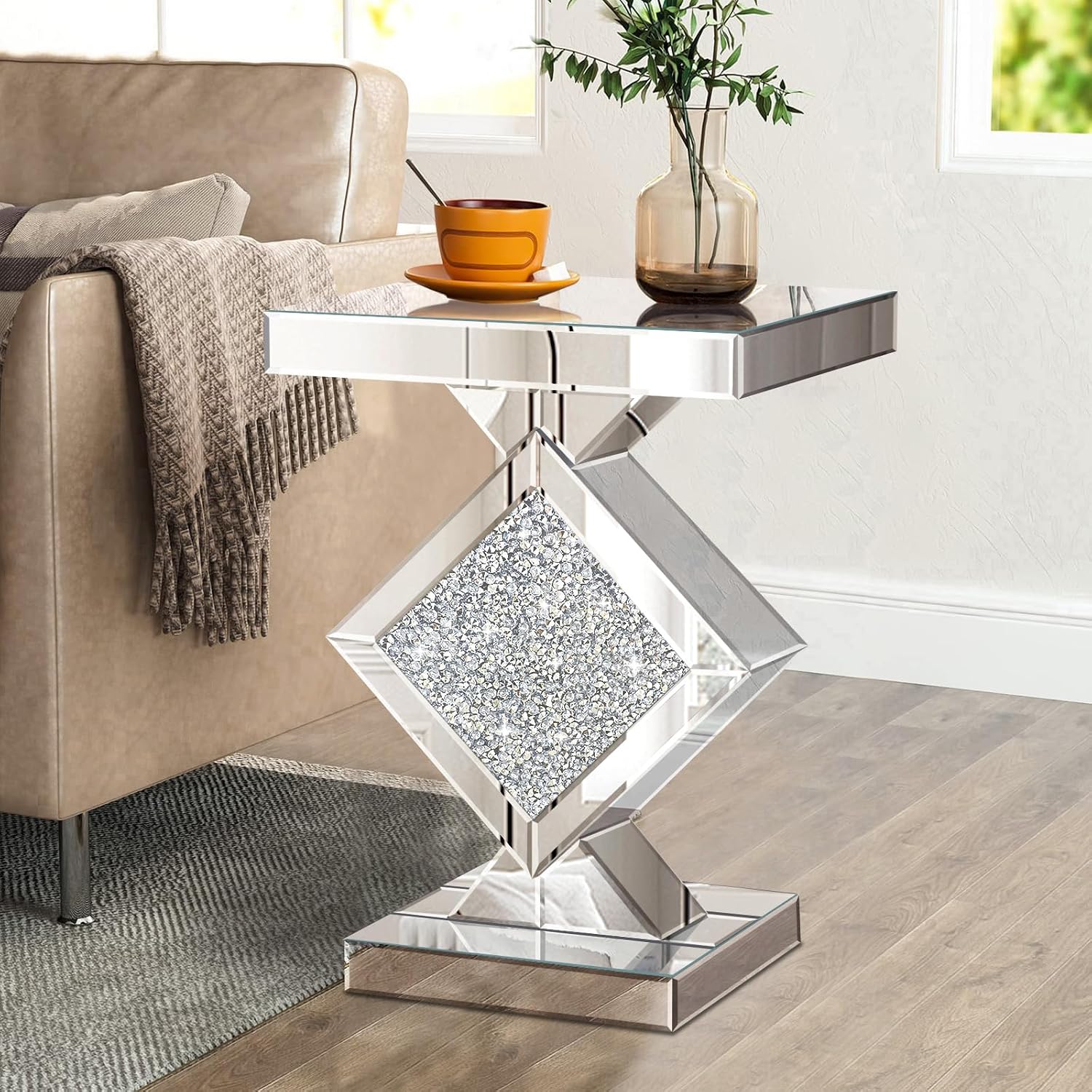 Crushed Diamond Mirrored End Table, Silver Side Accent Table, Small Mirrored Coffee Table for Living Room, Bedroom, 16'x16'x24'