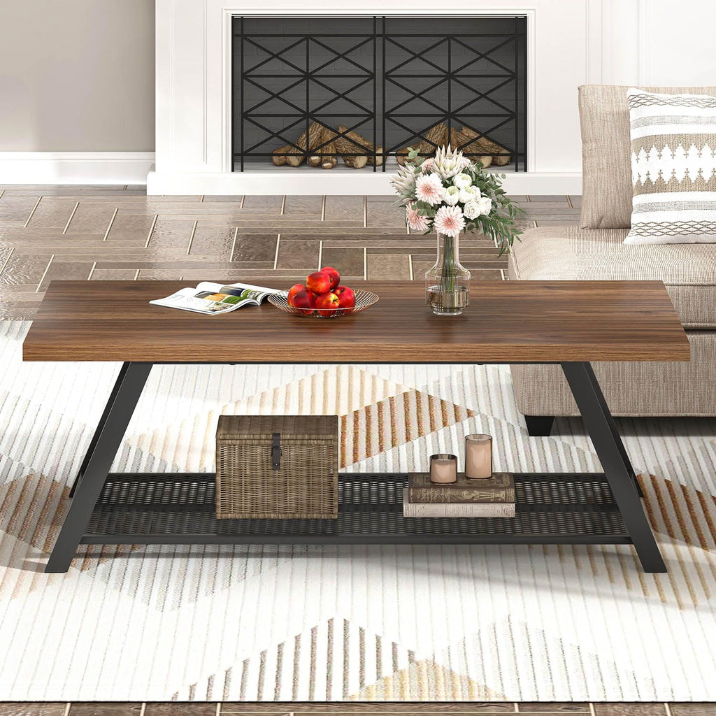 FOLUBAN Modern Coffee Tables for Lliving Room, Retro Wood and Metal Coffee Table with Storage, 2-Tier Industrial Rectangle Cocktail Tea Table, Walnut, 47 Inch
