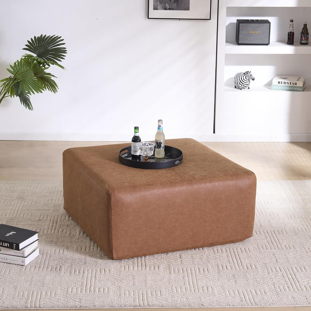 35' Wide Oversized Square Ottoman Coffee Table, Faux Leather Couch Ottoman Large Footstool for Living Room (Brown, Square)