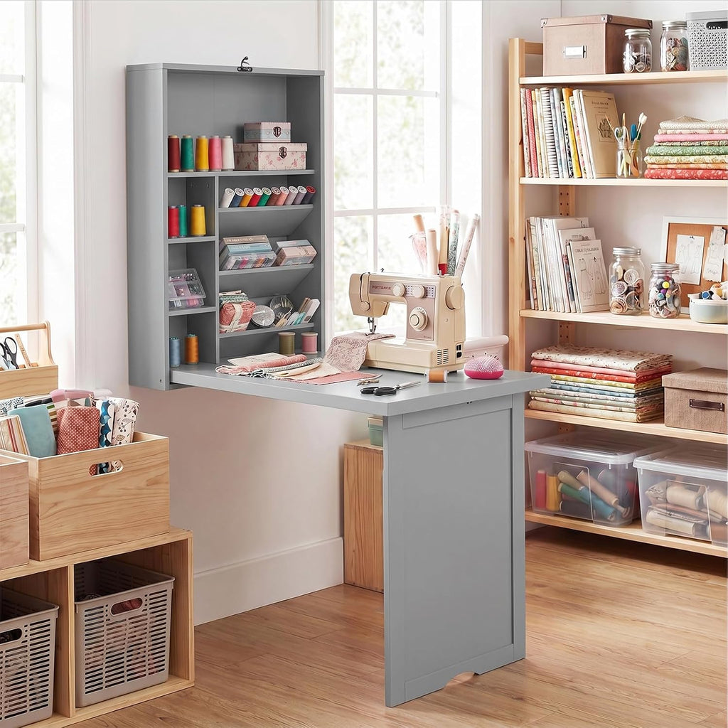 Tangkula Folding Wall Mounted Desk, Convertible Fold Out Floating Table with Storage Shelves, Space-Saving Drop Leaf Table, Murphy Desk for Craft, Study, Small Spaces, Home Office, Dorm, Grey