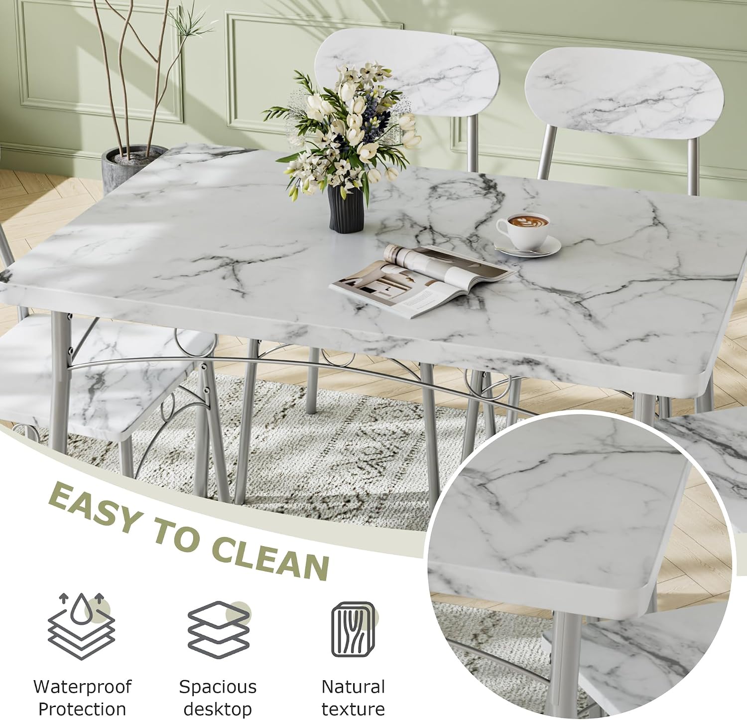 VECELO Dining Table Set for 4, 5-Piece Kitchen Table with 4 Chairs, MDF Board Tabletop with Metal Frame for Small Space, Compact Dinette, Breakfast Nook, Marble White