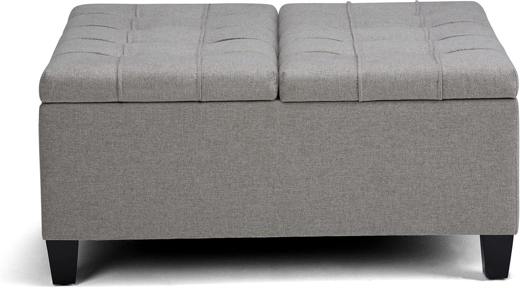 SIMPLIHOME Harrison Coffee Table Storage Ottoman - 36 inch Wide Upholstered Linen Look Fabric Square Lift-Top Ottoman in Dove Grey, Transitional Ottoman for Living Room with Hidden Storage