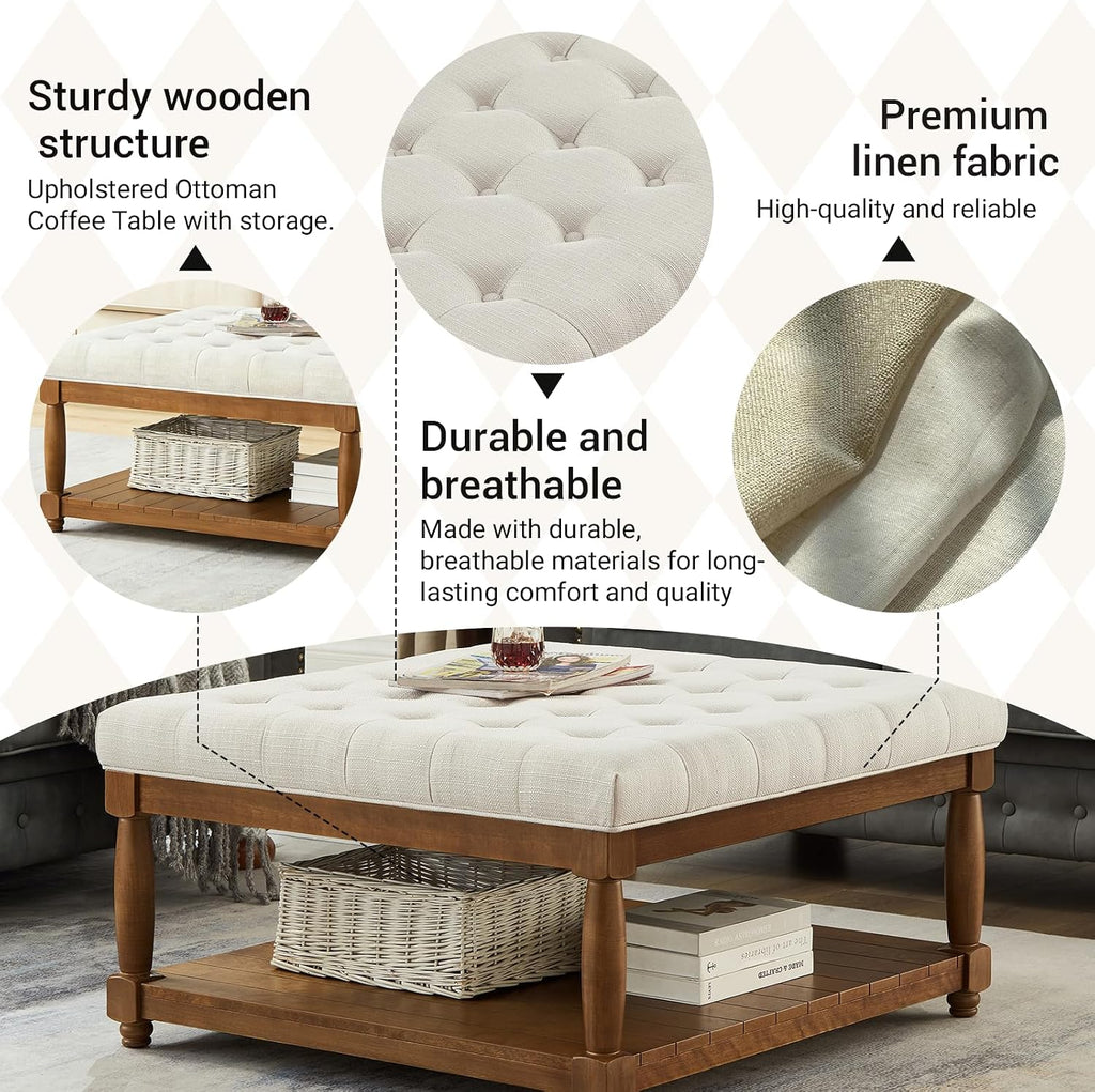 Ottoman Coffee Table, Upholstered Square Coffee Table with Storage Solid Wood Shelf, Linen Large Footrest Ottoman Pouf for Living Room, Ivory