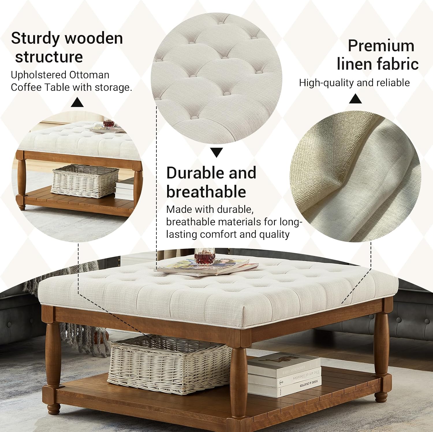 Ottoman Coffee Table, Upholstered Square Coffee Table with Storage Solid Wood Shelf, Linen Large Footrest Ottoman Pouf for Living Room, Ivory