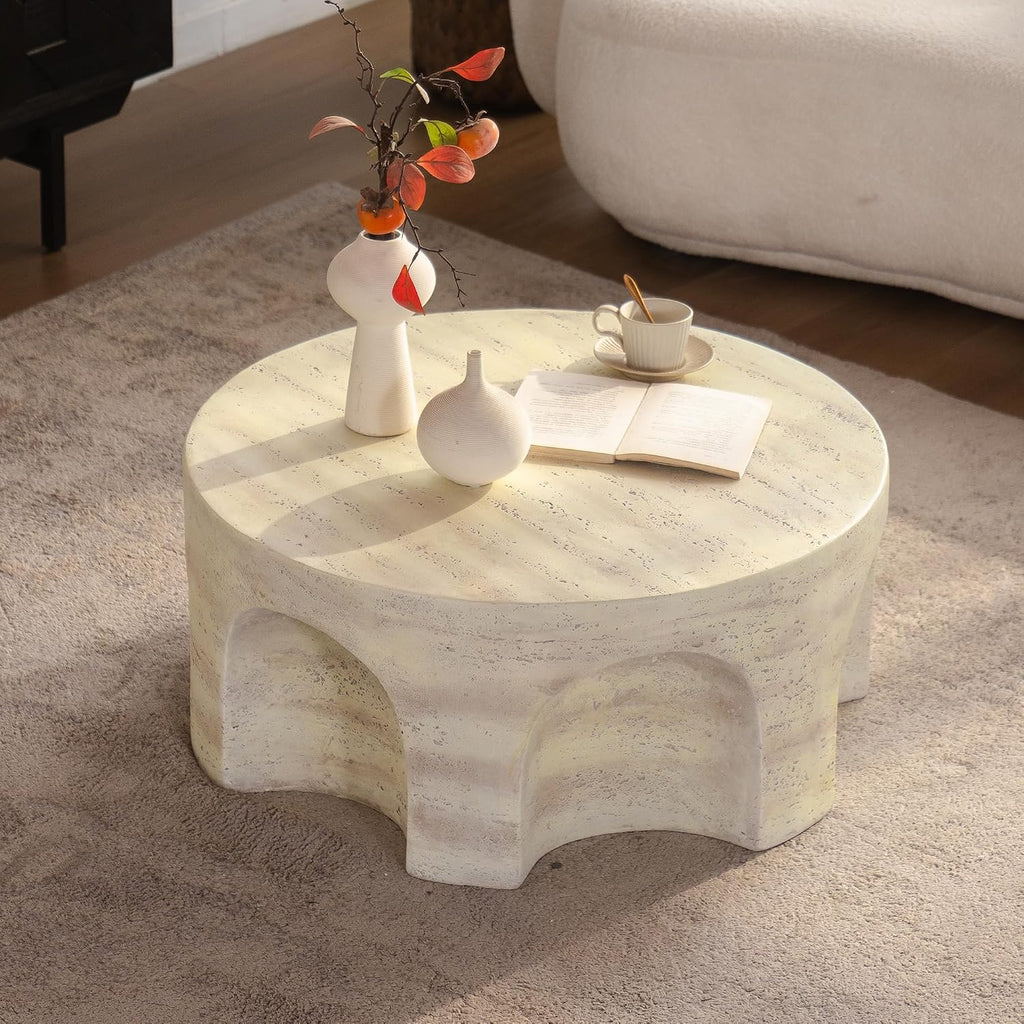 WILLIAMSPACE 31.5' Round Marble Coffee Table with Unique Arched Cutout Base, Modern Faux Stone Center Table Drum Coffee Tea Table for Living Room, Magnesium Oxide, No Assembly, Amber