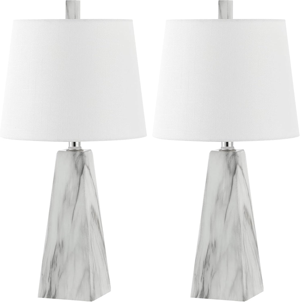 JONATHAN Y 20.5' White Marble Finish Modern Resin Table Lamp for Bedroom Living Room, Contemporary Faceted Bedside Lamp with White Linen Shade, LED Bulb Included (JYL1037A-SET2)