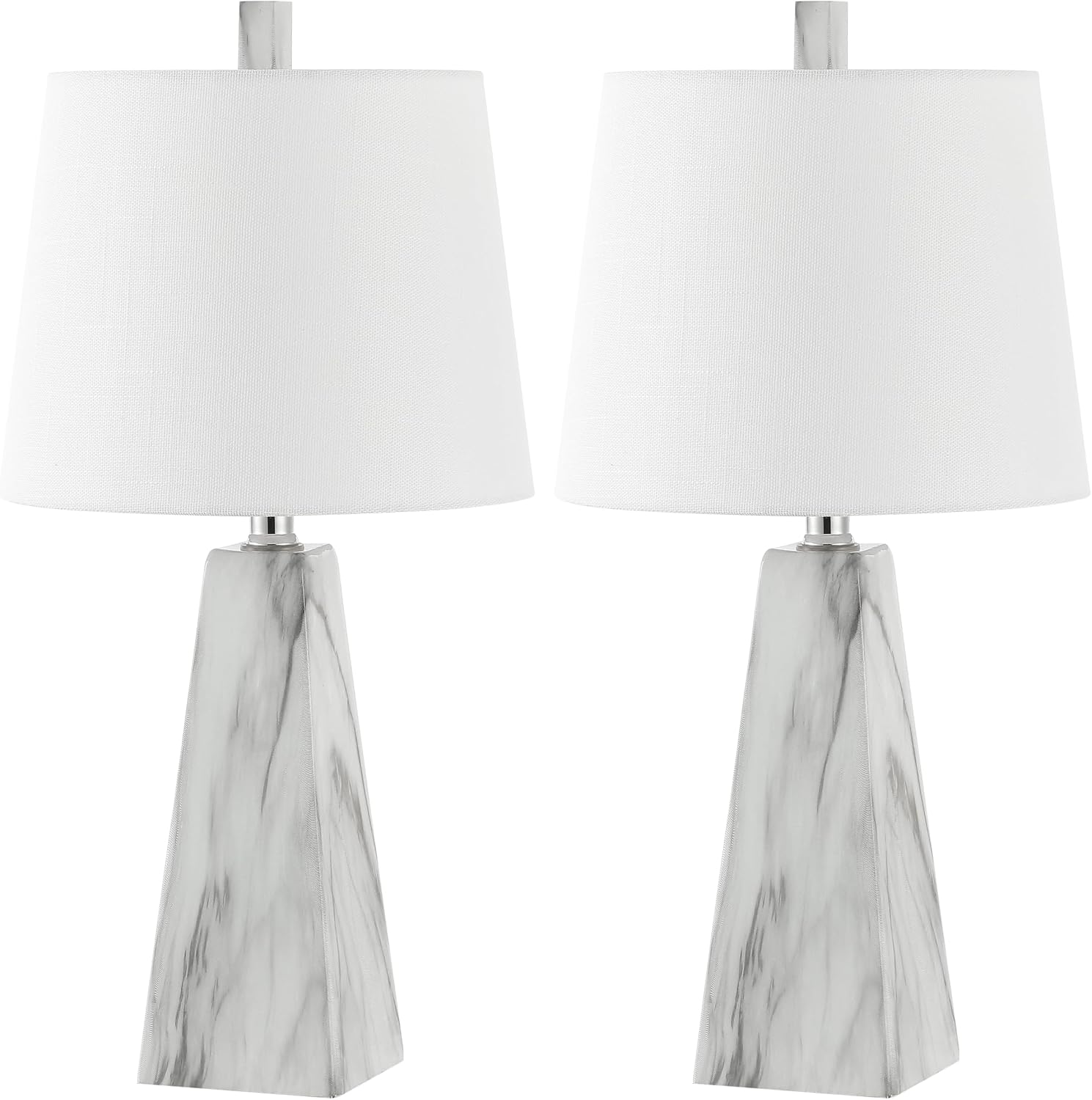 JONATHAN Y 20.5' White Marble Finish Modern Resin Table Lamp for Bedroom Living Room, Contemporary Faceted Bedside Lamp with White Linen Shade, LED Bulb Included (JYL1037A-SET2)