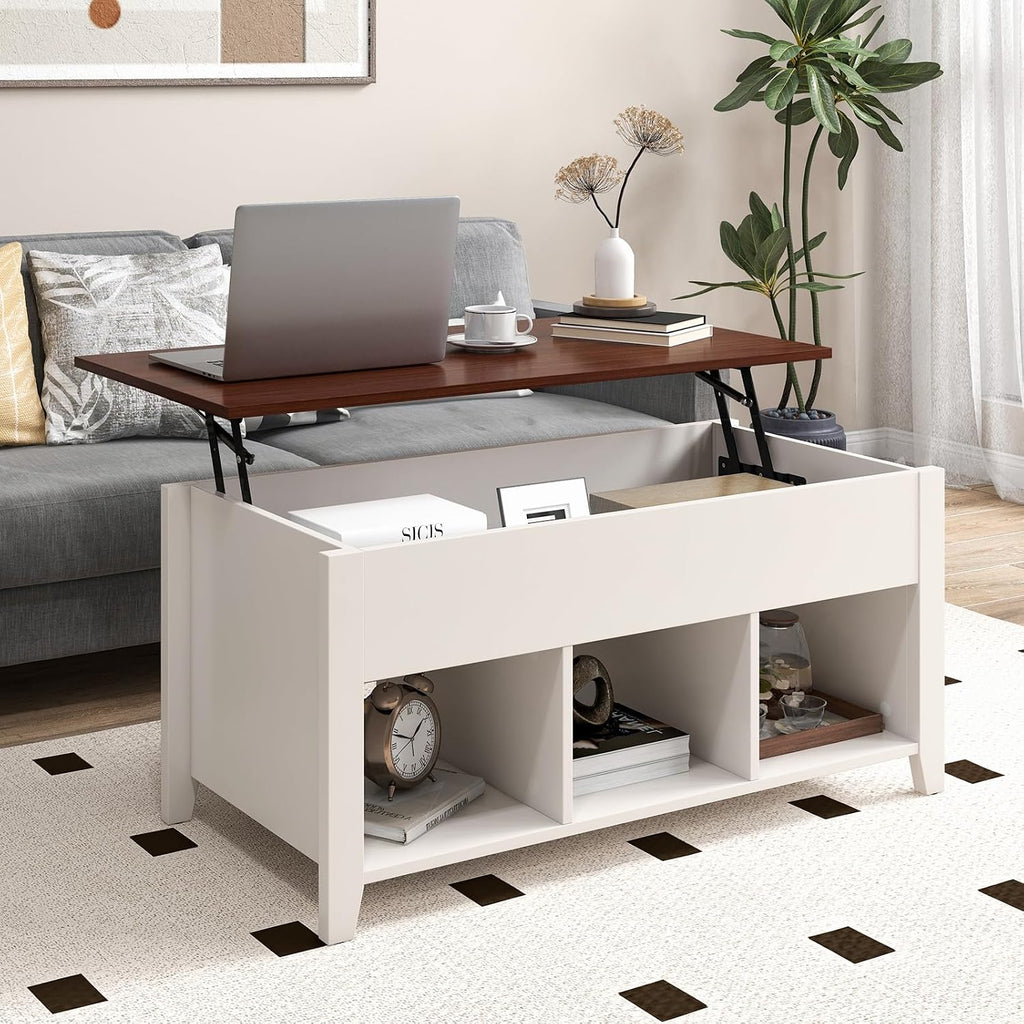Tangkula Wood Lift Top Coffee Table, Modern Tea Storage with Hidden Compartment and Open Storage Shelf for Living Room Office Reception Room, Lift Center Table (White)