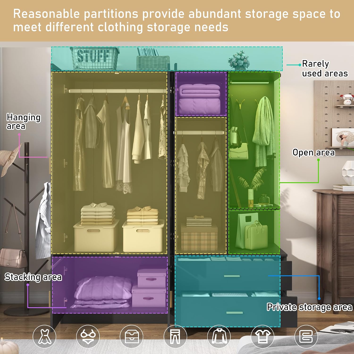 XVD Armoire Wardrobe Closet with Mirror & Sensor Light, Bedroom Armoire with 5 Doors & 2 Drawers, Modern Wooden Large Wardrobe Closet with Shelves, 4 Metal Hooks, 2 Hanging Roods, Open Space, Black