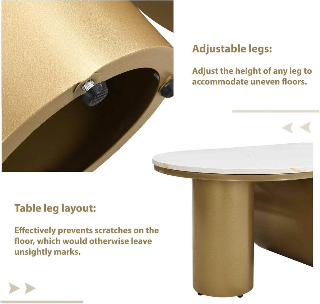 Luxury Gold Oval Coffee Table, 47'' Modern Living Room Table with Storage Drawer, Faux Marble Top MDF, Sturdy Metal Base, Large Center Tables for Home Apartment, White