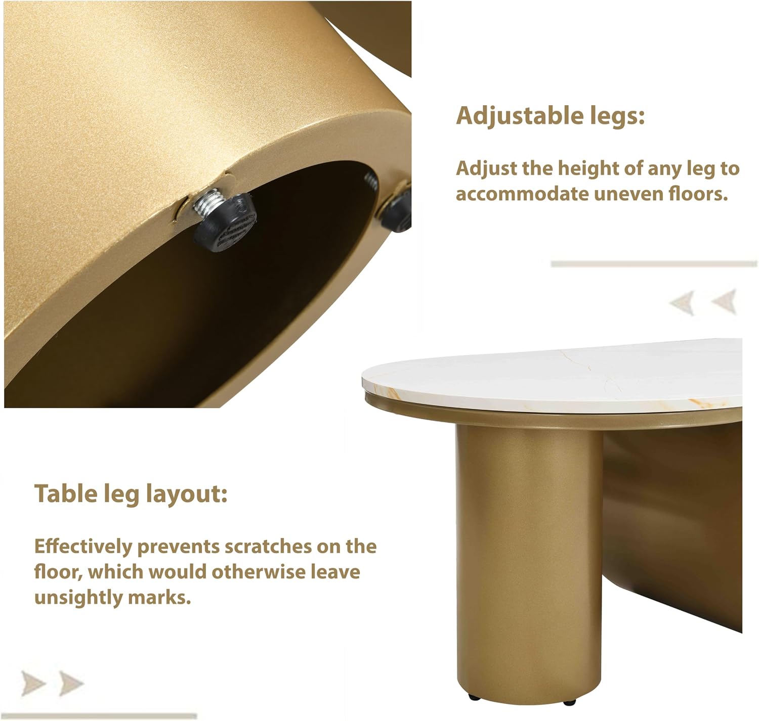 Luxury Gold Oval Coffee Table, 47'' Modern Living Room Table with Storage Drawer, Faux Marble Top MDF, Sturdy Metal Base, Large Center Tables for Home Apartment, White