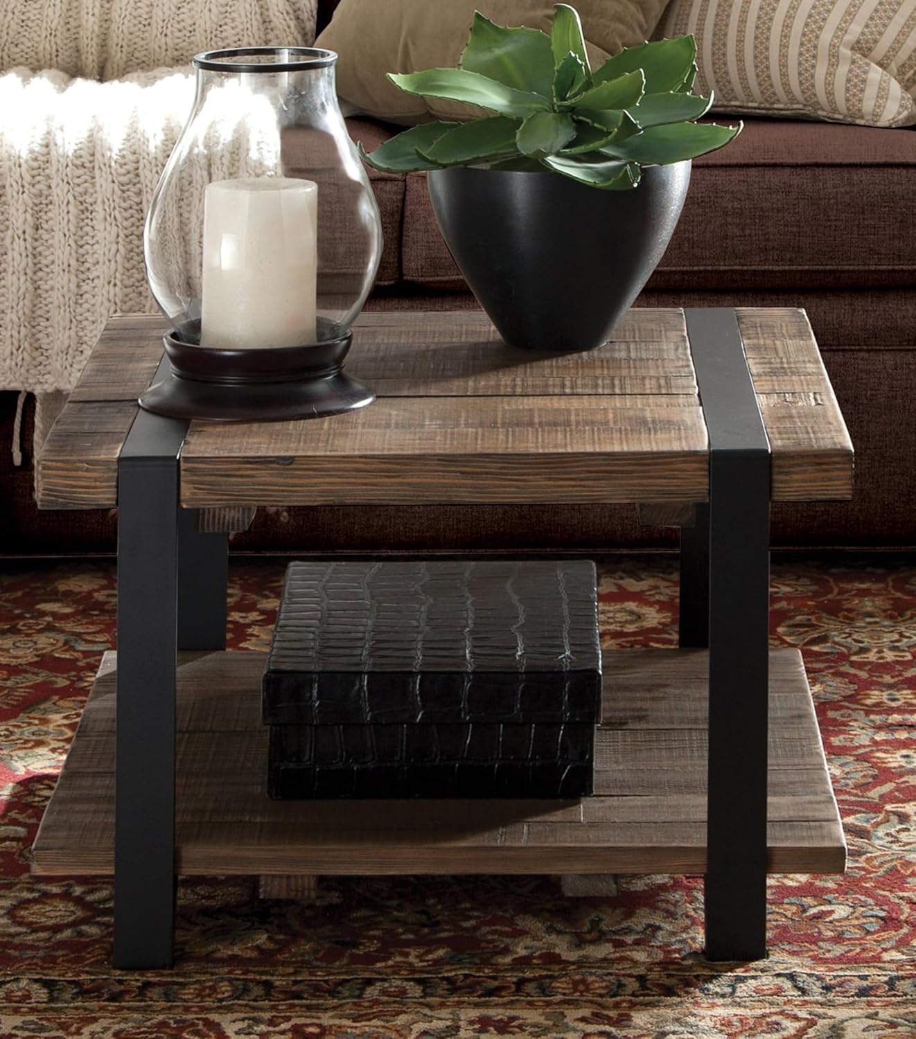 Modesto 27-Inch Square Coffee Table – Solid Wood and Metal Accent Industrial Table with Distressed Natural Finish – for Small Space Living Room by Alaterre Furniture