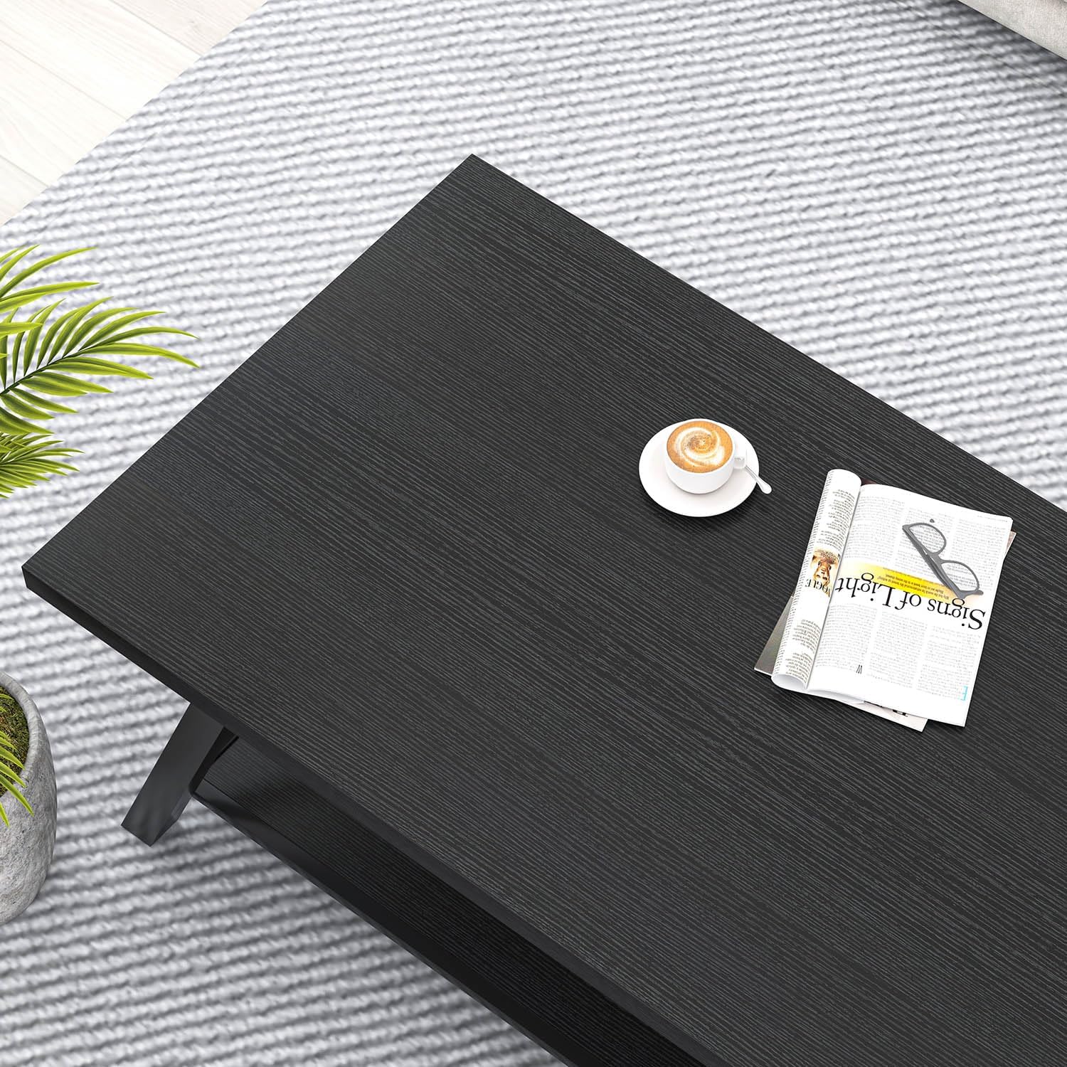 EXCEFUR Black Coffee Table, Modern Wood and Metal Center Table with Storage Shelf, Industrial Rectangle Cocktail Tea Table for Living Room, 47 Inch