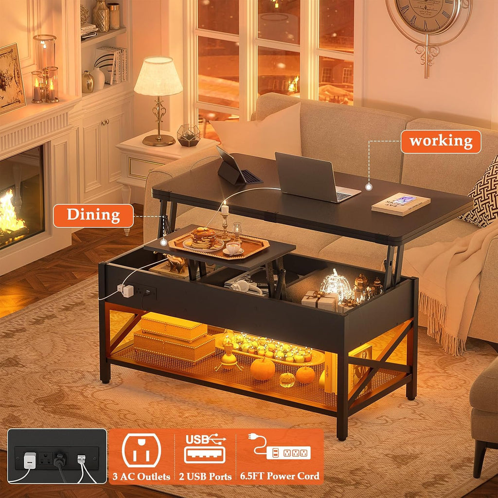 Aheaplus Coffee Table Lift Top Multi-Function Coffee Table Converts to Dining Table, with LED Light and Power Outlet, Center Table with Shelves for Living Room Reception Home Office, Black