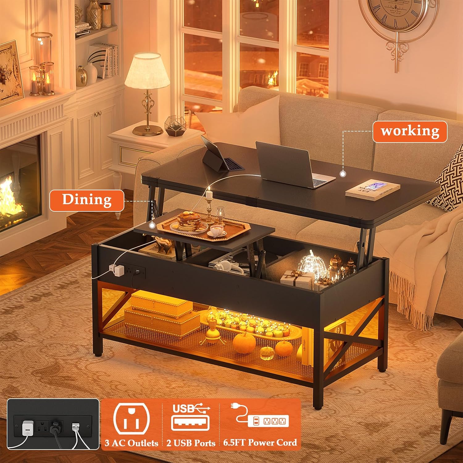 Aheaplus Coffee Table Lift Top Multi-Function Coffee Table Converts to Dining Table, with LED Light and Power Outlet, Center Table with Shelves for Living Room Reception Home Office, Black