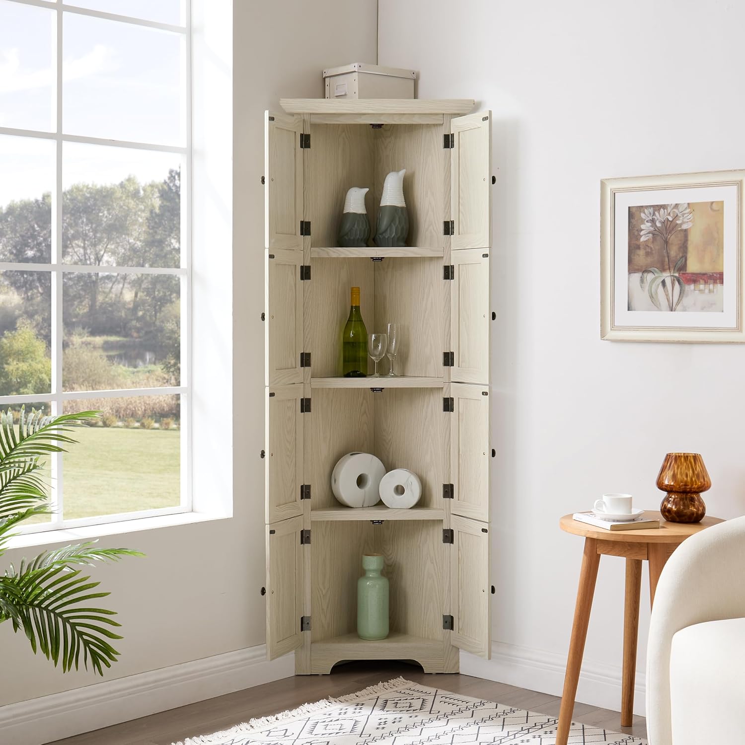 Tall Corner Bookcase Storage Cabinet with Doors and 4 Shelves, Freestanding Triangle Cabinet for Living Room, Kitchen, Office, Small Space, Floor Corner Storage Rack (White2)