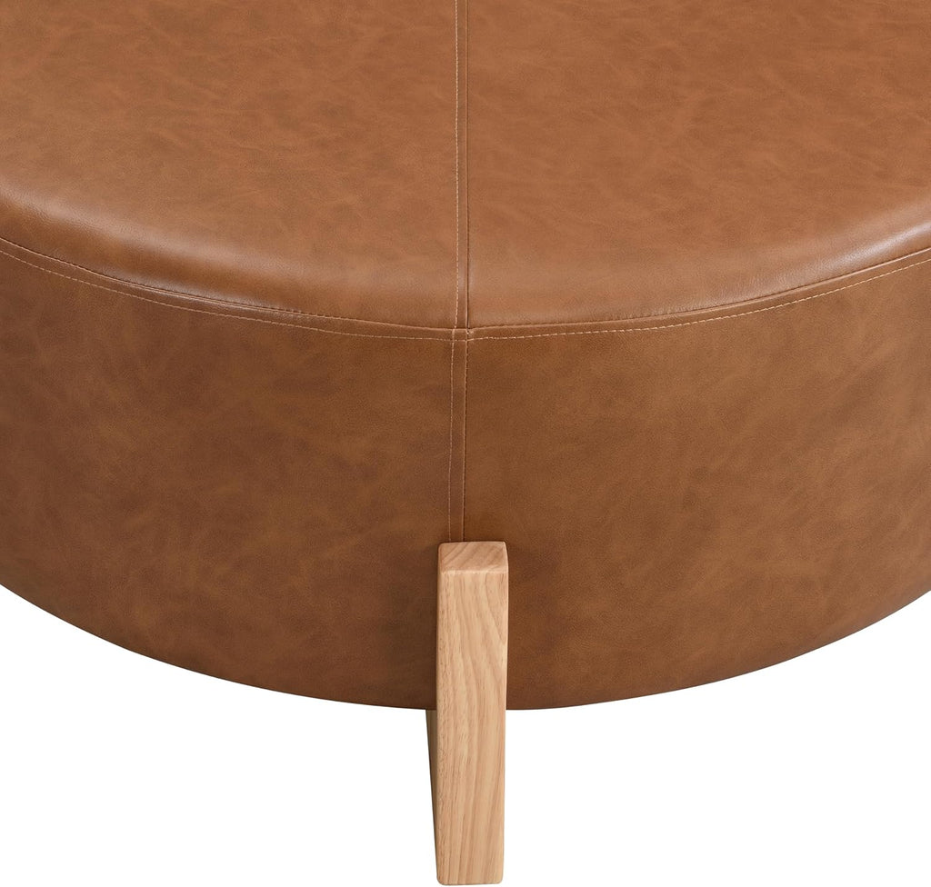 Merax 34'' Cocktail Round Ottoman, Modern Ottoman Coffee Table with Removable Top，Leather Ottoman for Living Room, Bedroom, Office,Brown