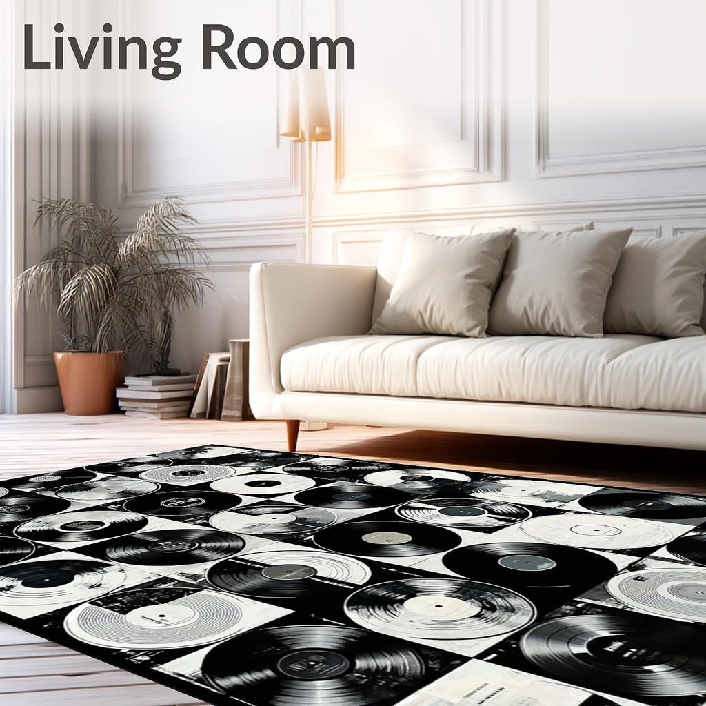 Flatwoven High Traffic Area Rug 5x7, Vinyl Record Inspired with Classic Rock Band Graphics, Non Slip, Stain Resistant, Washable Area Rugs for Living Room, Bedroom (Black, 5x7)