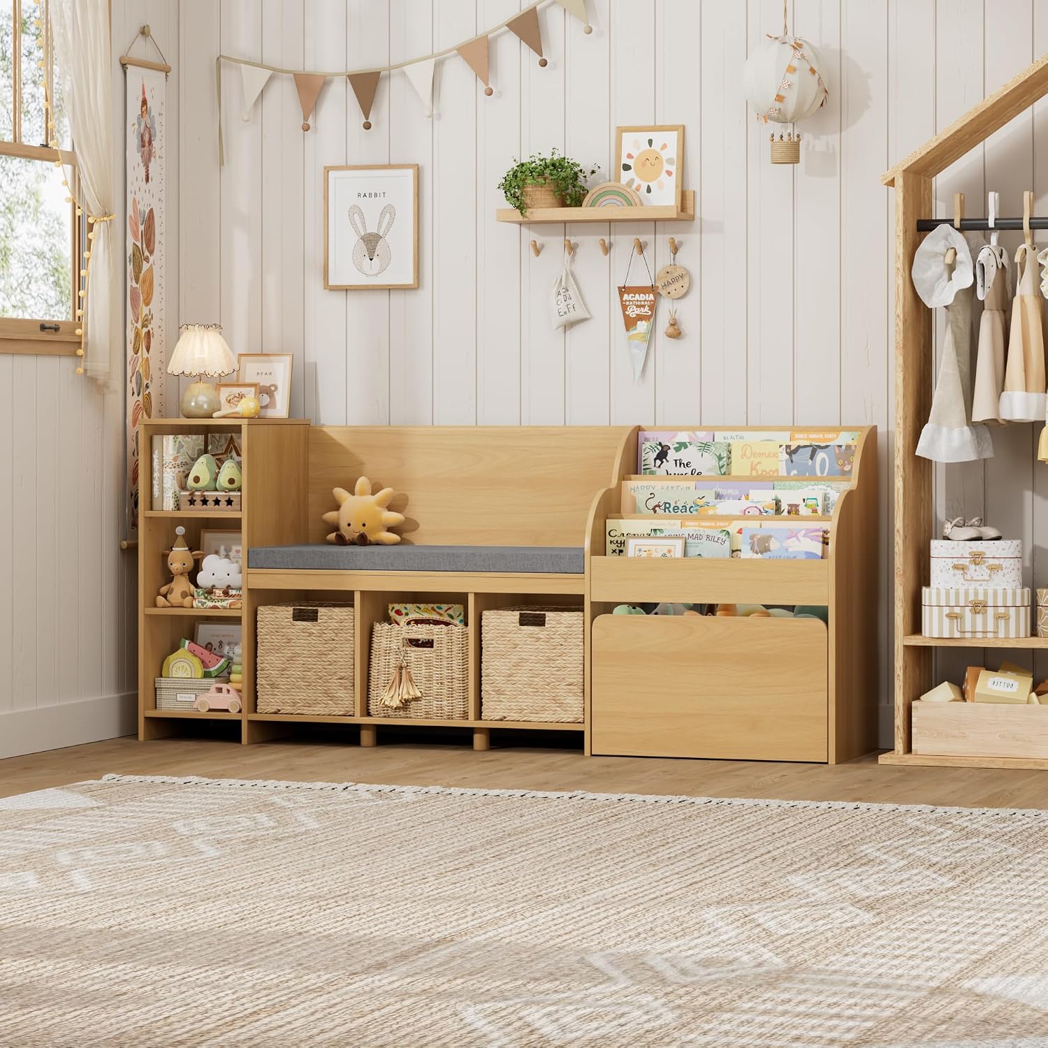 HOSTACK 67' W Kids Reading Nook with Toy Storage Organizer, Large Kids Bookshelf with Toy Storage Box on Wheels, Big Kid Bookcase with Bench and 6 Open Cubbies for Playroom, Kid Room, Natural Oak
