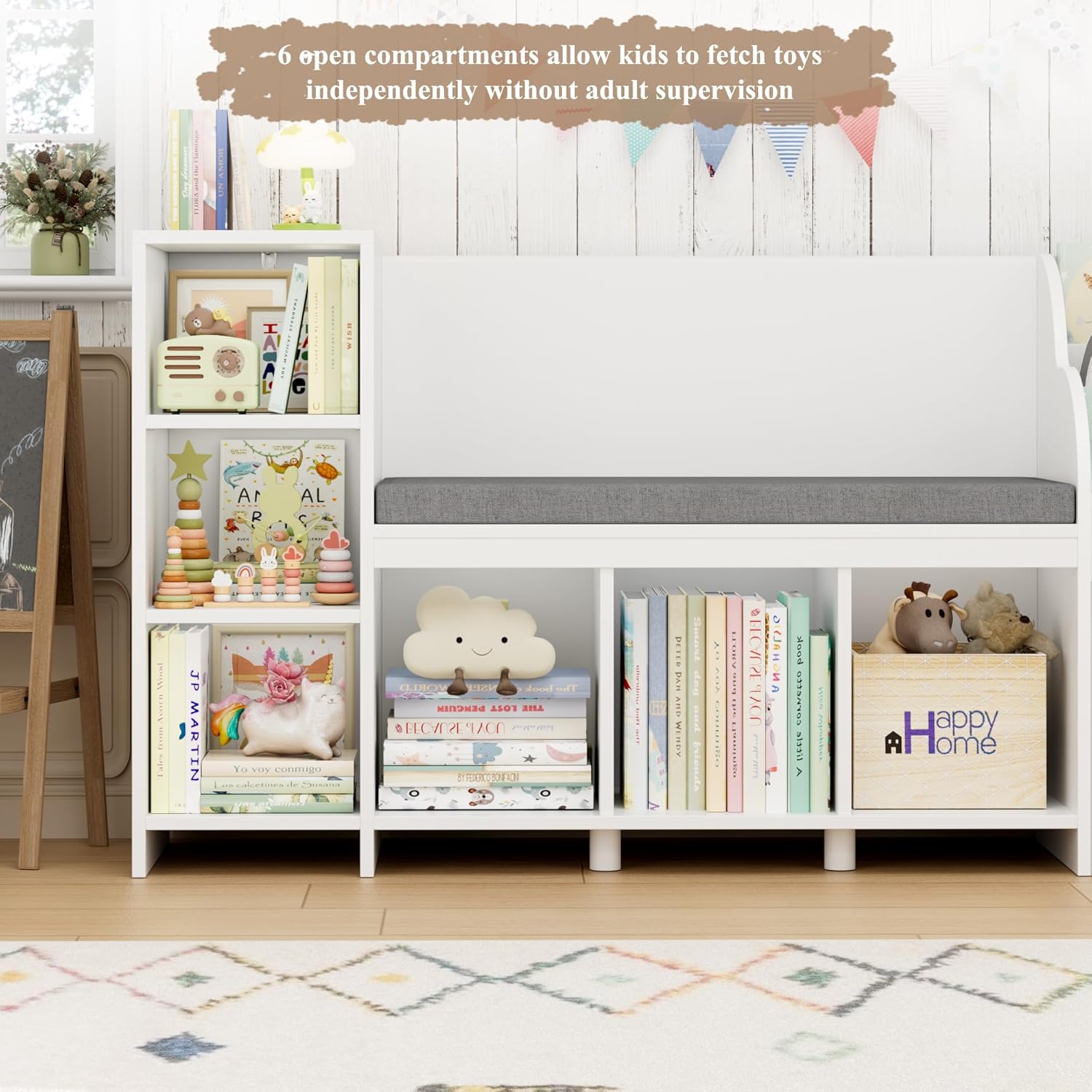 HOSTACK 67' W Kids Reading Nook with Toy Storage Organizer, Large Kids Bookshelf with Toy Storage Box on Wheels, Big Kid Bookcase with Bench and 6 Open Cubbies for Playroom, Kid Room, White