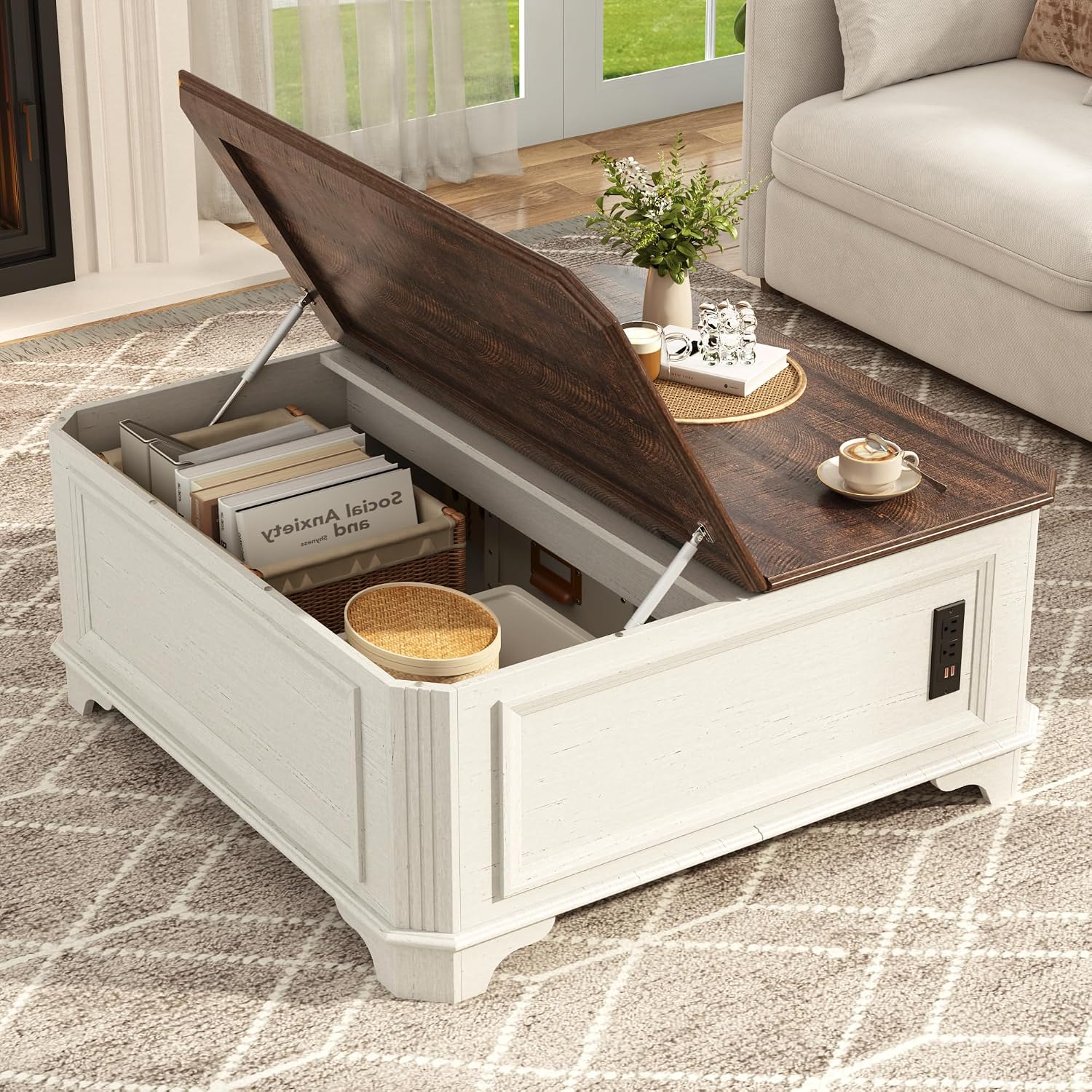 St.Mandyu 40 Inch Farmhouse Lift Top Coffee Table with Charging Station & Hidden Storage - Square Center Table with Lifting Top, Large Storage Cabinet for Living Room, Bedroom, Home Office, White