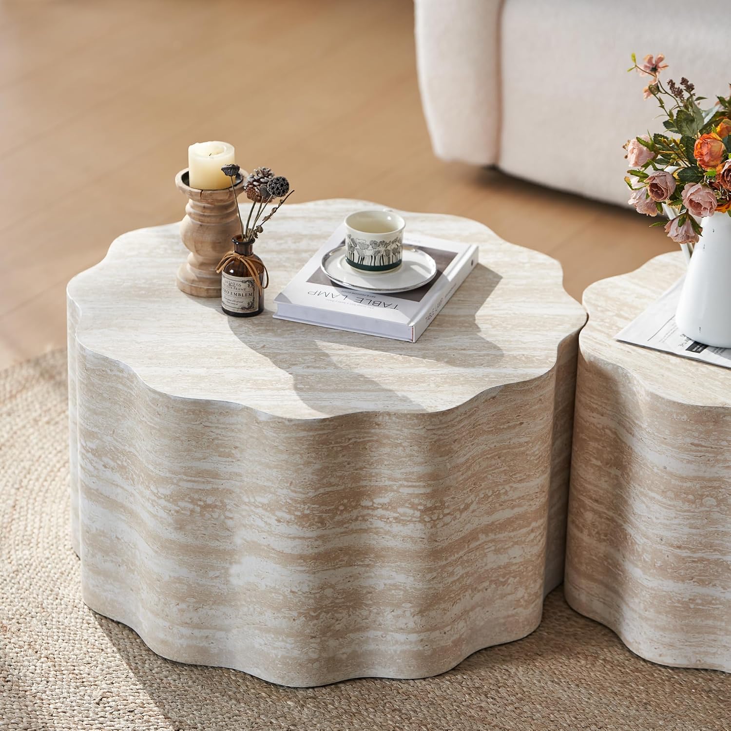 JUSTONE Set of 2 Round Coffee Tables for Living Room,Modern Fiberglass Cream Style Coffee Table Minimalist Side Tables for Apartment,Office,Matte White