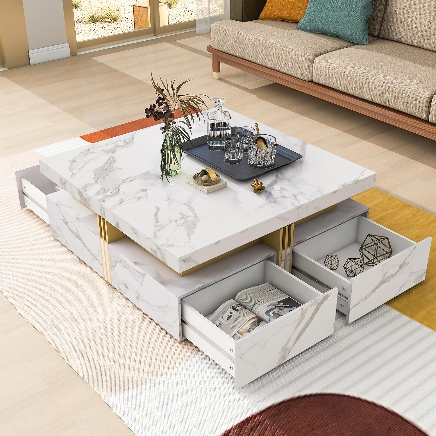 Modern White Square Storage Coffee Table with 4 Drawers for Living Room