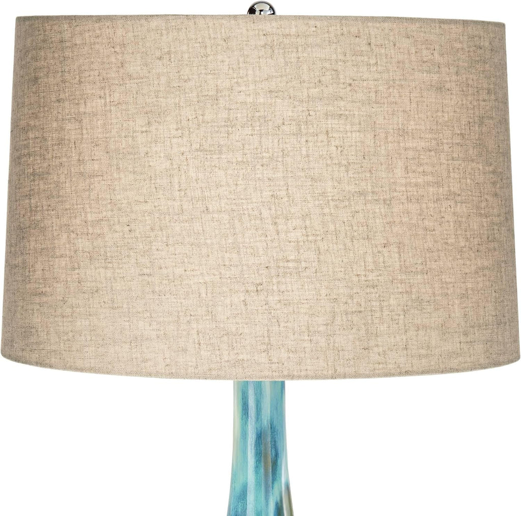 Possini Euro Design Kenya Modern Tropical Table Lamp with USB Dimmer 29 1/2' Tall Blue Green Glaze Ceramic Beige Linen Drum Shade for Bedroom Living Room House Home Bedside Nightstand Office Family