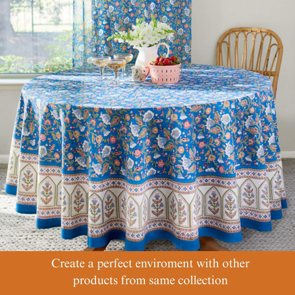 Saffron Marigold Rectangle Hand Block Printed Tablecloth - Enchanted - Blue Luxurious 100% Cotton, Washable, for Home Decor, Kitchen, Coffee Or Dining Table 70 x 90 Inches