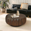 31.5'' Walnut Round Wood Coffee Table for Living Room, Modern Contemporary Circle Fluted Drum Pedestal Coffee Table, Natural Wood Grain & Easy Assembly, Walnut