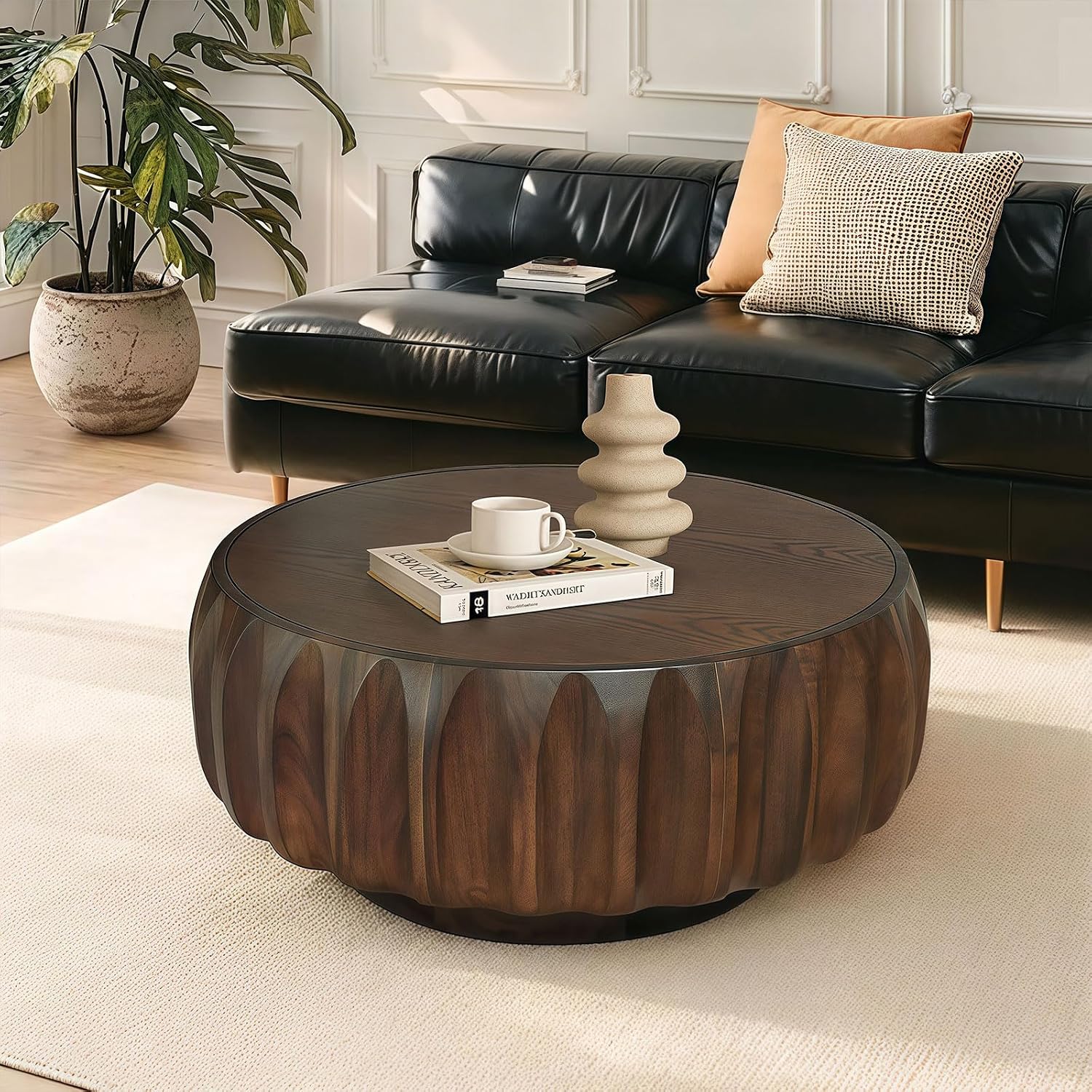 31.5'' Walnut Round Wood Coffee Table for Living Room, Modern Contemporary Circle Fluted Drum Pedestal Coffee Table, Natural Wood Grain & Easy Assembly, Walnut