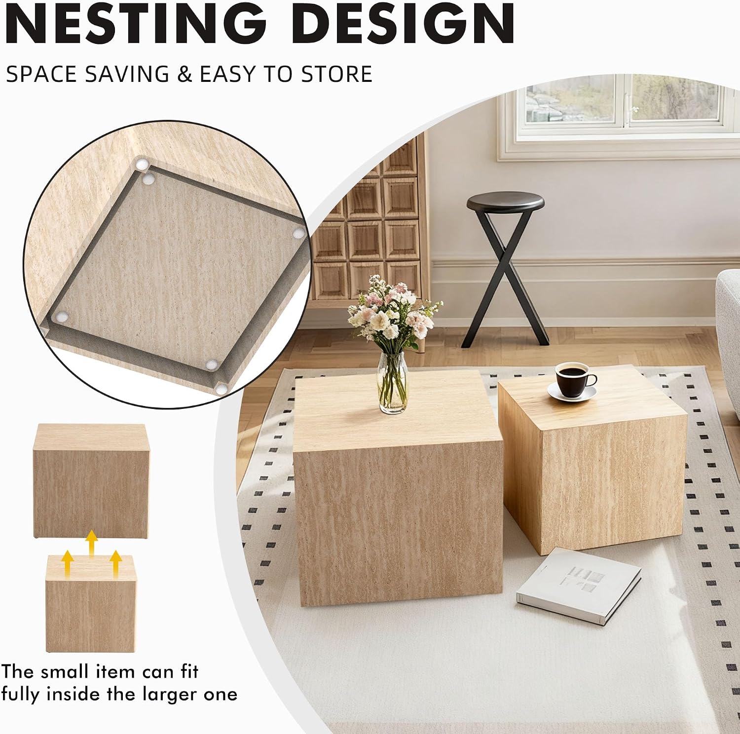 Square Nesting Tables for Living Room, Set of 2, Wood Travertine Veneer Nesting Coffee Table Mid Century Modern Small Accent Center End and Side Table Sets for Farmhouse Apartment Office